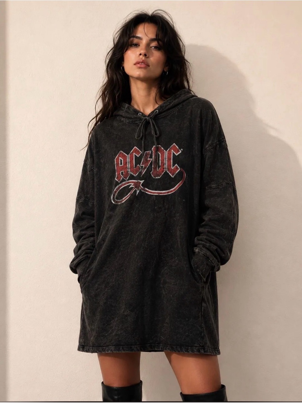 AC/DC Washed Black Oversized Hoodie Dress with Red Logo